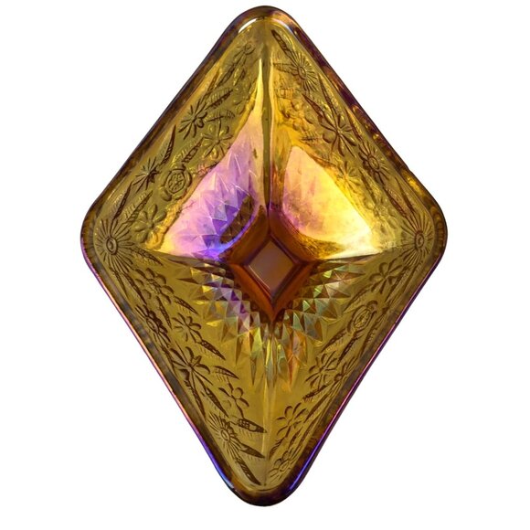 Vintage Iridescent Gold Carnival Glass Diamond Shaped Footed Candy Dish Floral - Picture 14 of 16